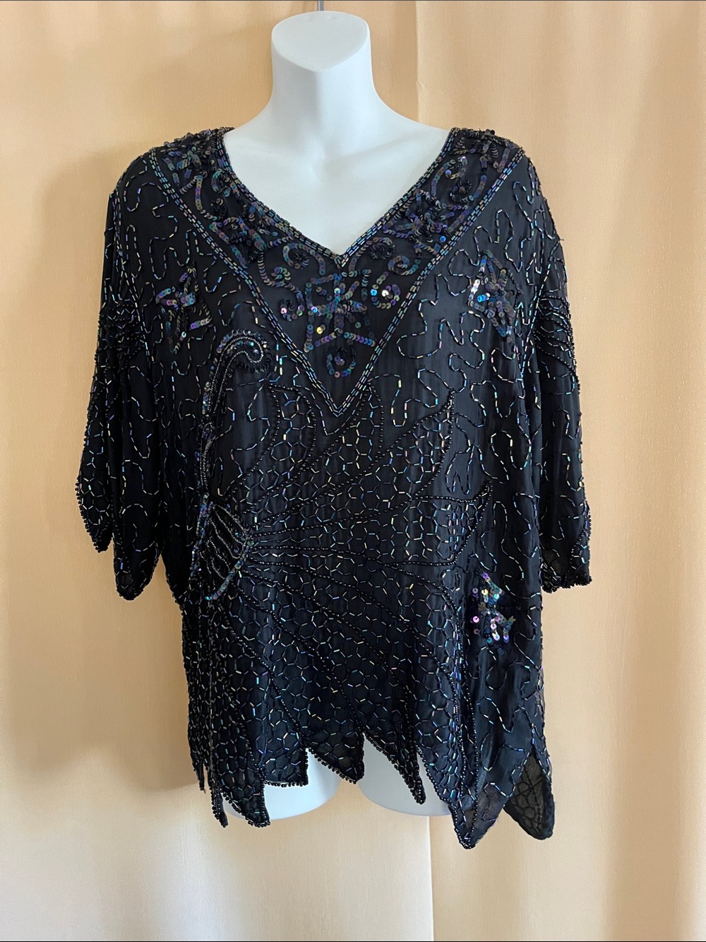Unique Vintage Black Beaded V-Neck Tunic Top